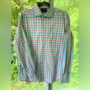 Charleston Threads M Men’s Orange, Green, Blue& white Plaid Shirt. Button front